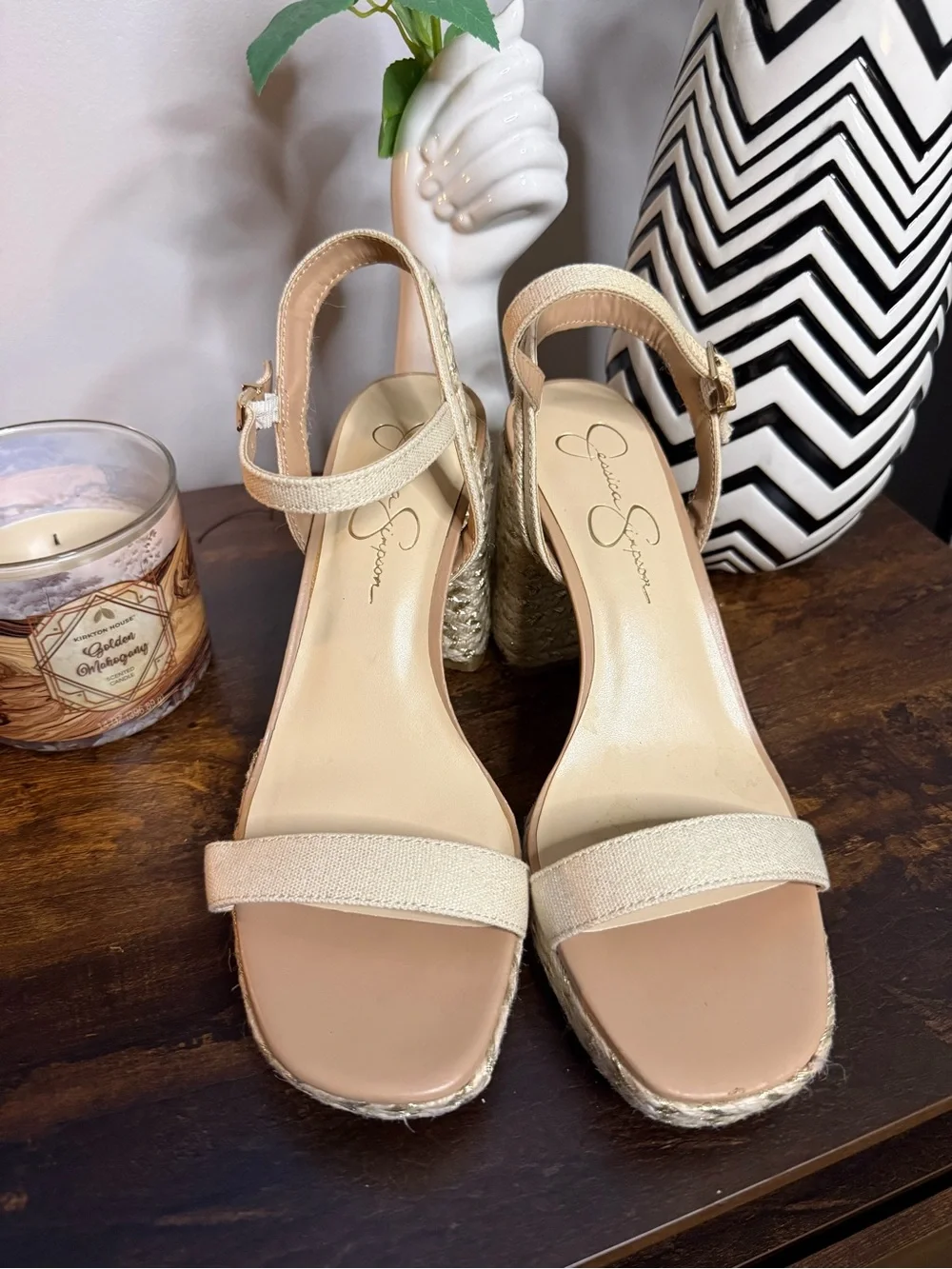 Jessica Simpson Beige Espadrille Block Heel Sandals with Ankle Strap